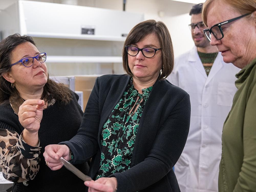 Project co-leads include Zoubeida Ounaies, director of the Convergence Center for Living Multifunctional Materials Systems, acting director of the Materials Research Institute and professor of mechanical engineering; Mary Frecker, professor of mechanical engineering and of biomedical engineering, head of Department of Mechanical Engineering and Reiss Chair of Engineering; and Lorraine Dowler, professor of geography and of women’s, gender and sexuality studies. Credit: Jeff Xu/Penn State. All Rights Reserved.